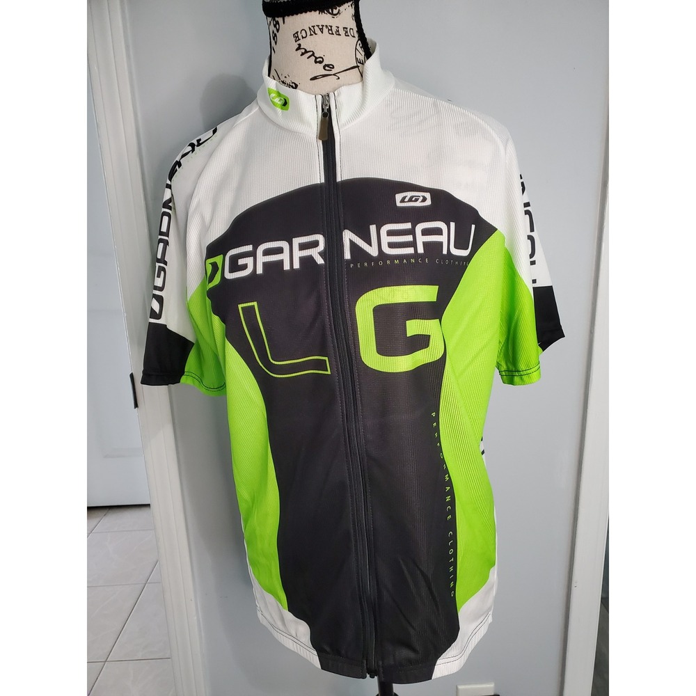 Louis Garneau LG Team Cycling Jersey Mens White Black Lime Green Full Zip Large